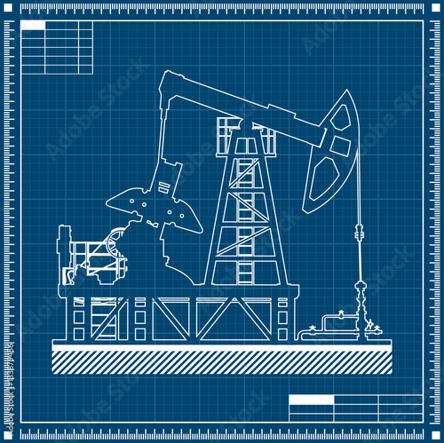 Oil pump silhouette on blueprint background.
