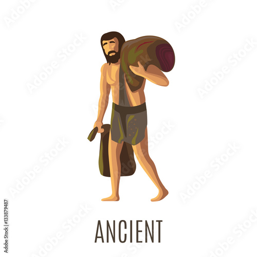 Ancient prehistoric man with heavy bags or sack, isolated vector