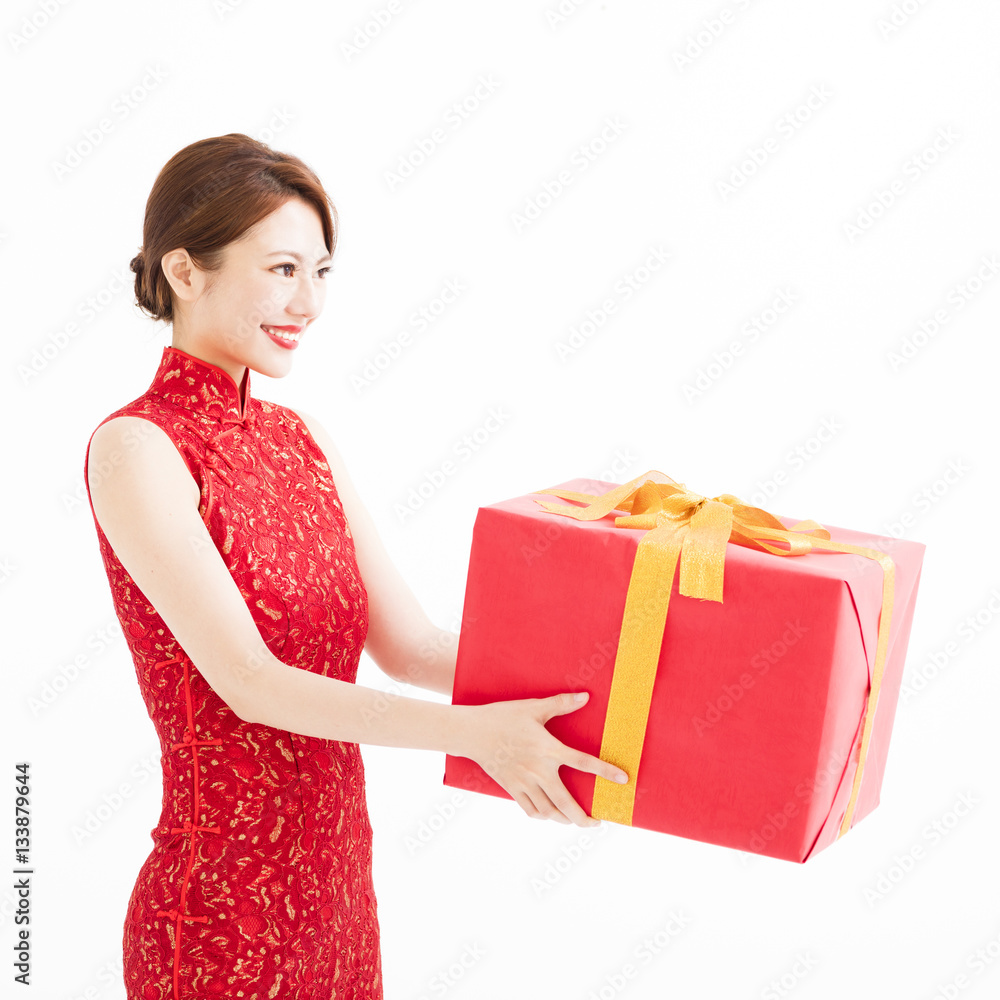 happy chinese new year. young woman holding gift box happy chinese new year. young woman holding gift box