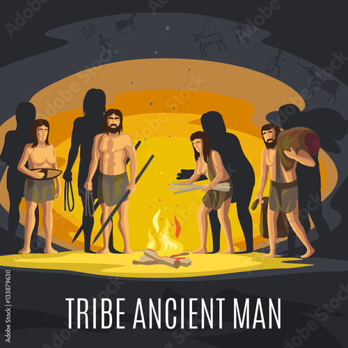 Ancient prehistoric stone age concept. Tribe ancient man making fire in cave vector illustration