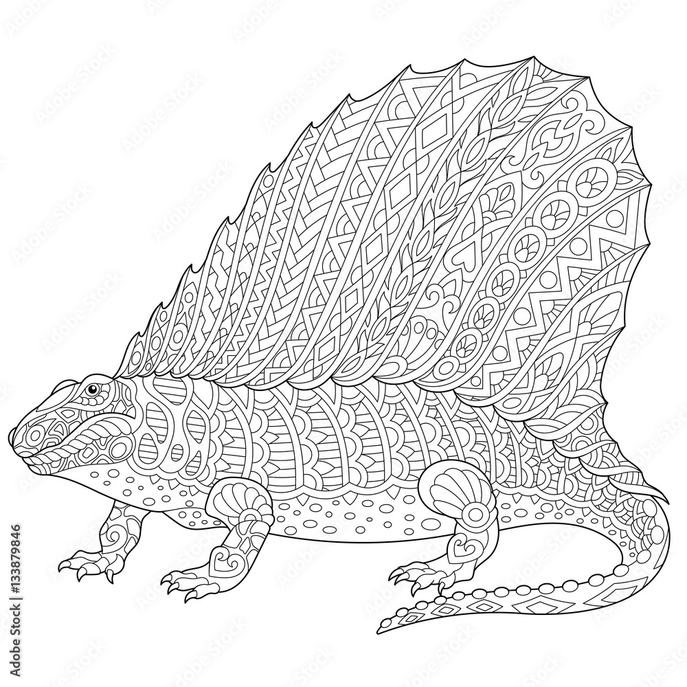 Naklejka premium Stylized dimetrodon dinosaur, fossil reptile of the Permian period, isolated on white background. Freehand sketch for adult anti stress coloring book page with doodle and zentangle elements.