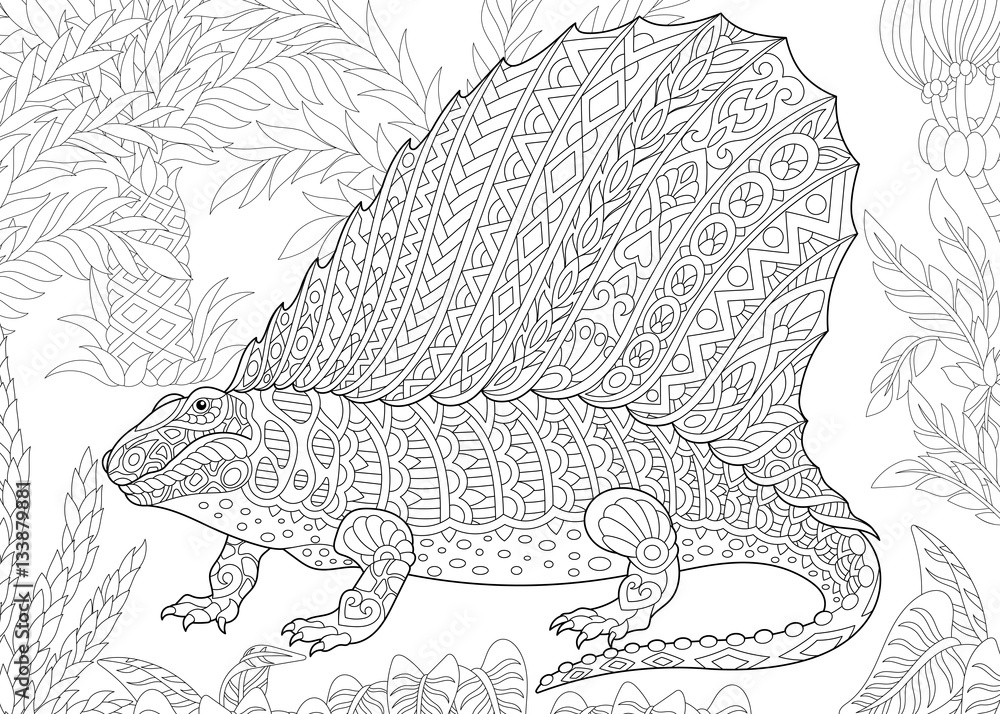 Naklejka premium Stylized dimetrodon dinosaur, fossil reptile of the Permian period. Freehand sketch for adult anti stress coloring book page with doodle and zentangle elements.