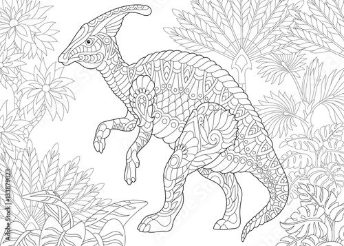 Stylized hadrosaur dinosaur of the middle to late Cretaceous period. Freehand sketch for adult anti stress coloring book page with doodle and zentangle elements.