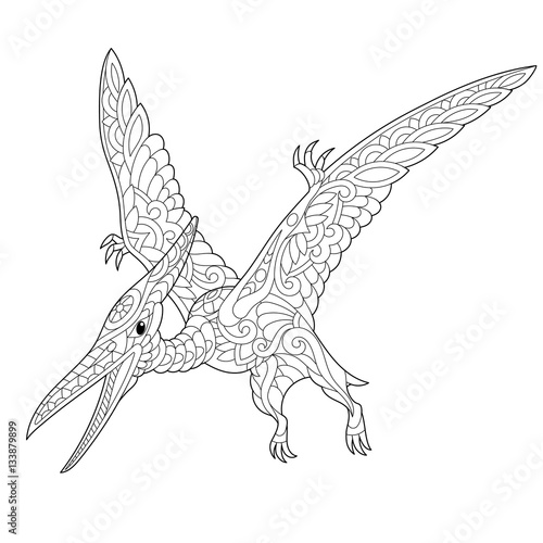 Stylized pterodactyl dinosaur, pterosaur of the late Jurassic period, isolated on white background. Freehand sketch for adult anti stress coloring book page with doodle and zentangle elements.