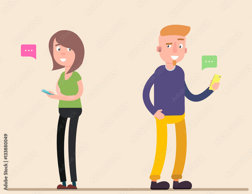 Fototapeta premium Man and woman communicate through phone messages.