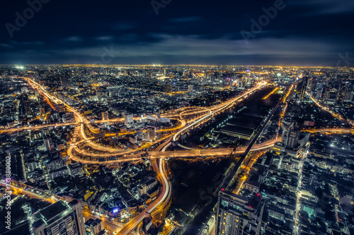 Canvas Print Cityscape Bangkok downtown at night, from the top of BAIYOKE Sky, Thailand