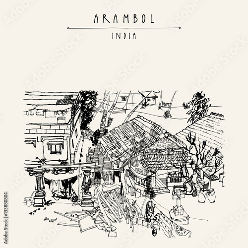 Beach village of Arambol, Goa, India hand drawn vintage postcard