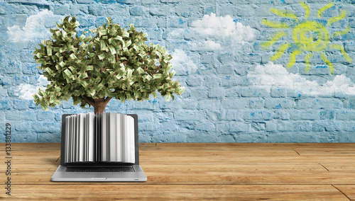 Black pc with money tree breeck background 3d render Success kno photo