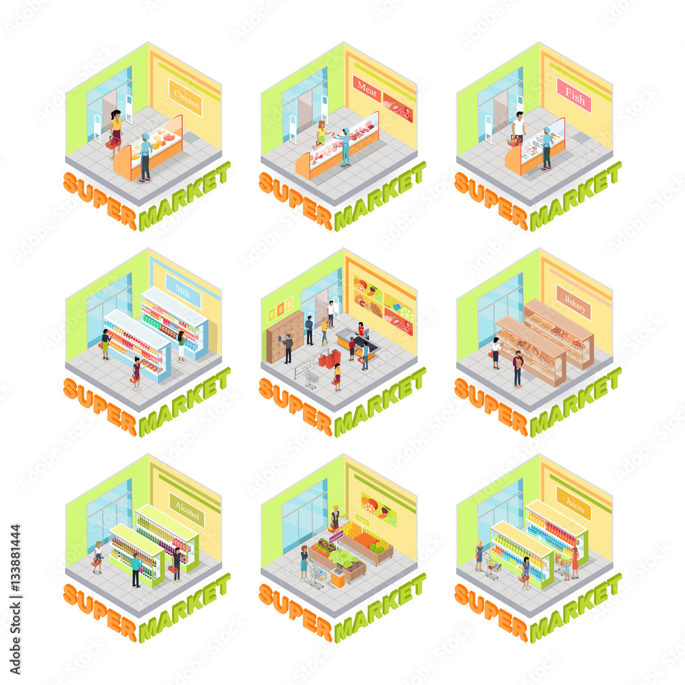 Supermarket Interior Vector Set. Isometric