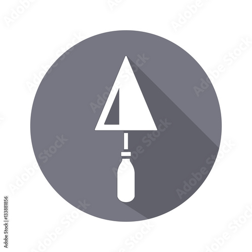 Tool icon. Spattle, surfacer, plastering instrument. Work, job, labour, toil, repair, building symbol. White sign on round gray button with long shadow. Vector isolated