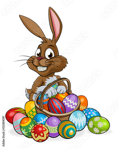 Cartoon Easter Bunny with Eggs Basket