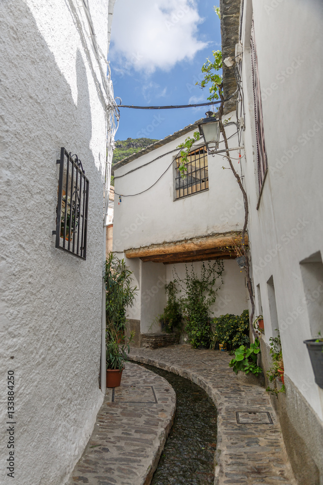 View of a  narrow street with a water channel in the middle, in