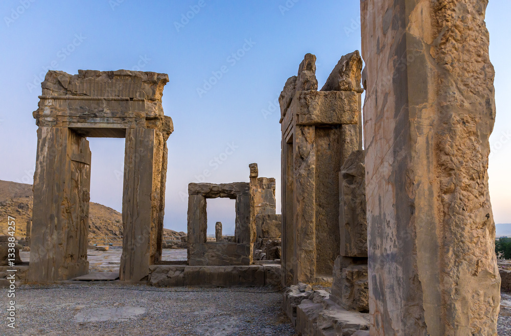Ruins of Hadish Palace of Xerxes I in Persepolis ancient city in Iran