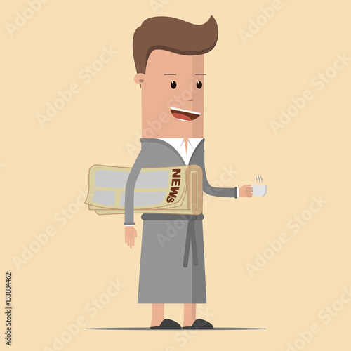 A man in a bathrobe and slippers, holding a cup of coffee or tea and a newspaper. Morning coffee or breakfast while reading the newspaper. Businessman before work