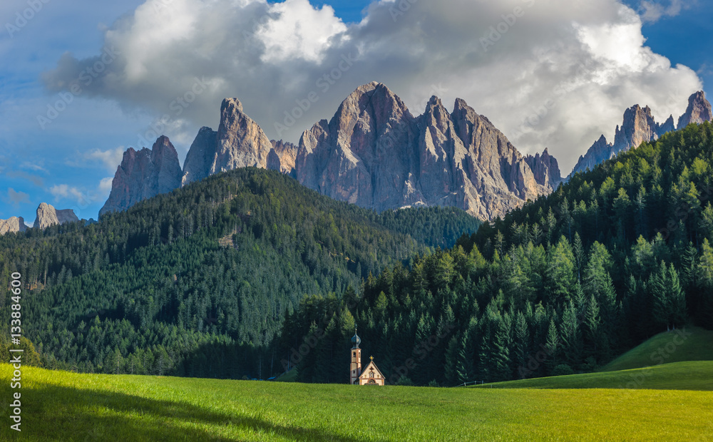 St. John church in front of the Odle mountains, Dolomites