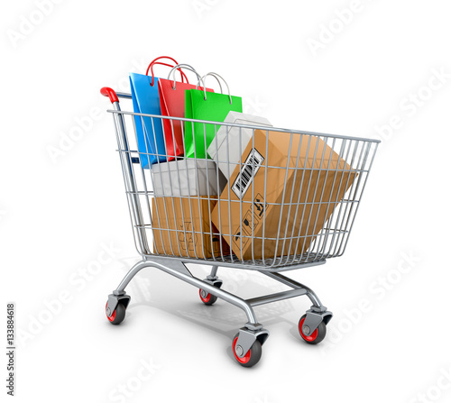 Shopping cart with boxes and bags on white background. 3D illust