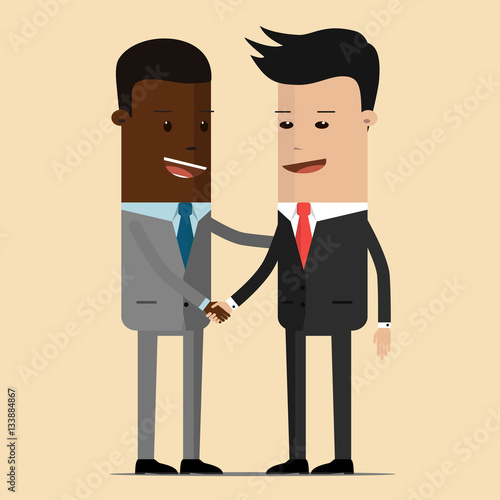 Meeting of two businessmen and business handshake. meeting of the two politicians, diplomats, partners or friends greeting with a handshake. Chinese, Japanese or Korean and Aframerican businessman
