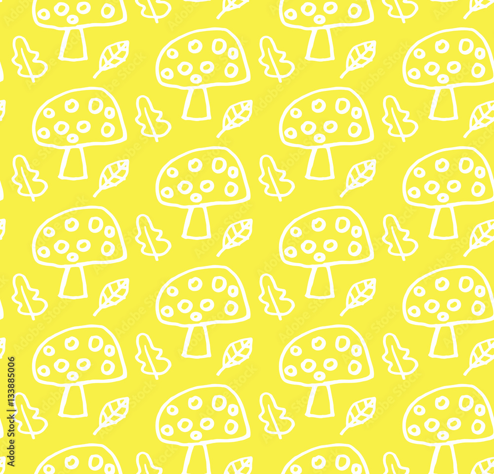 Mushroom seamless pattern. Vector autumn background with edible mushroom.  Hand drawn traditional symbols, cute design elements, handwritten ink lettering. Made of hand drawing. Children's style.