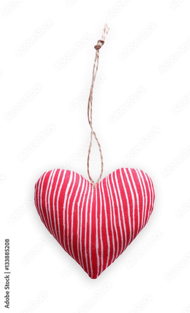 Red striped sewed pillow heart isolated on white background, valentine Red striped sewed pillow heart isolated on white background, valentine