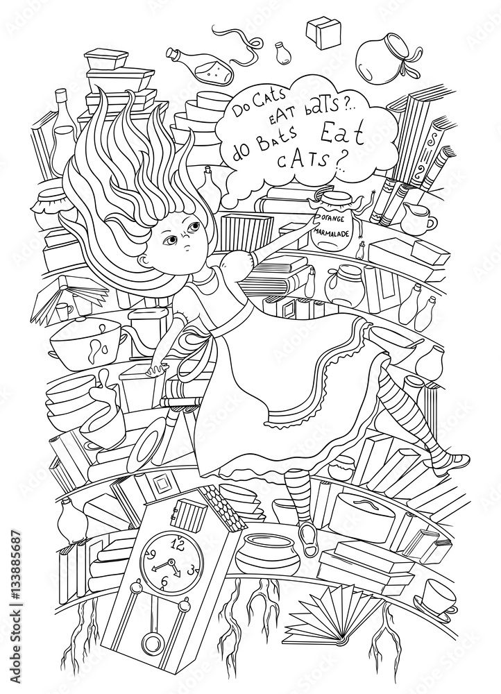 Alice in Wonderland. Alice is falling down into the rabbit hole coloring page. Black and white graphics art. Vintage hand drawn vector illustration