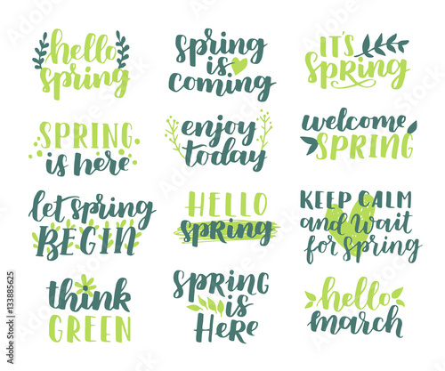 Vector set of hand-written spring brush lettering. Hello spring. Spring collection green ink floral elements on white isolated background. © tanyabosyk