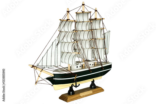 Ship Sailboat Wooden Model on a White Background