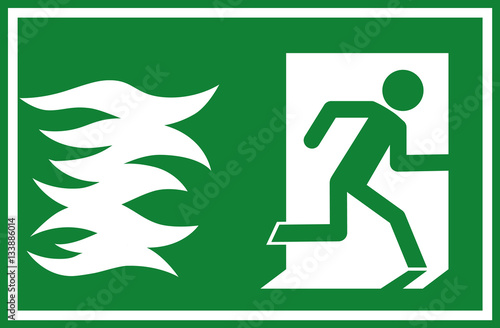 Emergency exit sign / plate vector illustration. The Symbol shows the white silhouette of a person or man running through an exit door to escape the flames of a burning fire, on green background.
