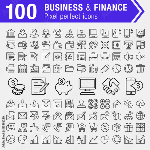 Set of 100 pixel perfect finance, banking and business icons for mobile apps and web design.