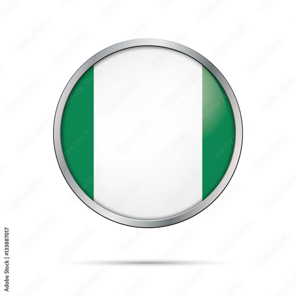 Vector Nigerian flag button. Nigeria flag in glass button style with metal frame. Vector Nigerian flag button. Nigeria flag in glass button style with metal frame.