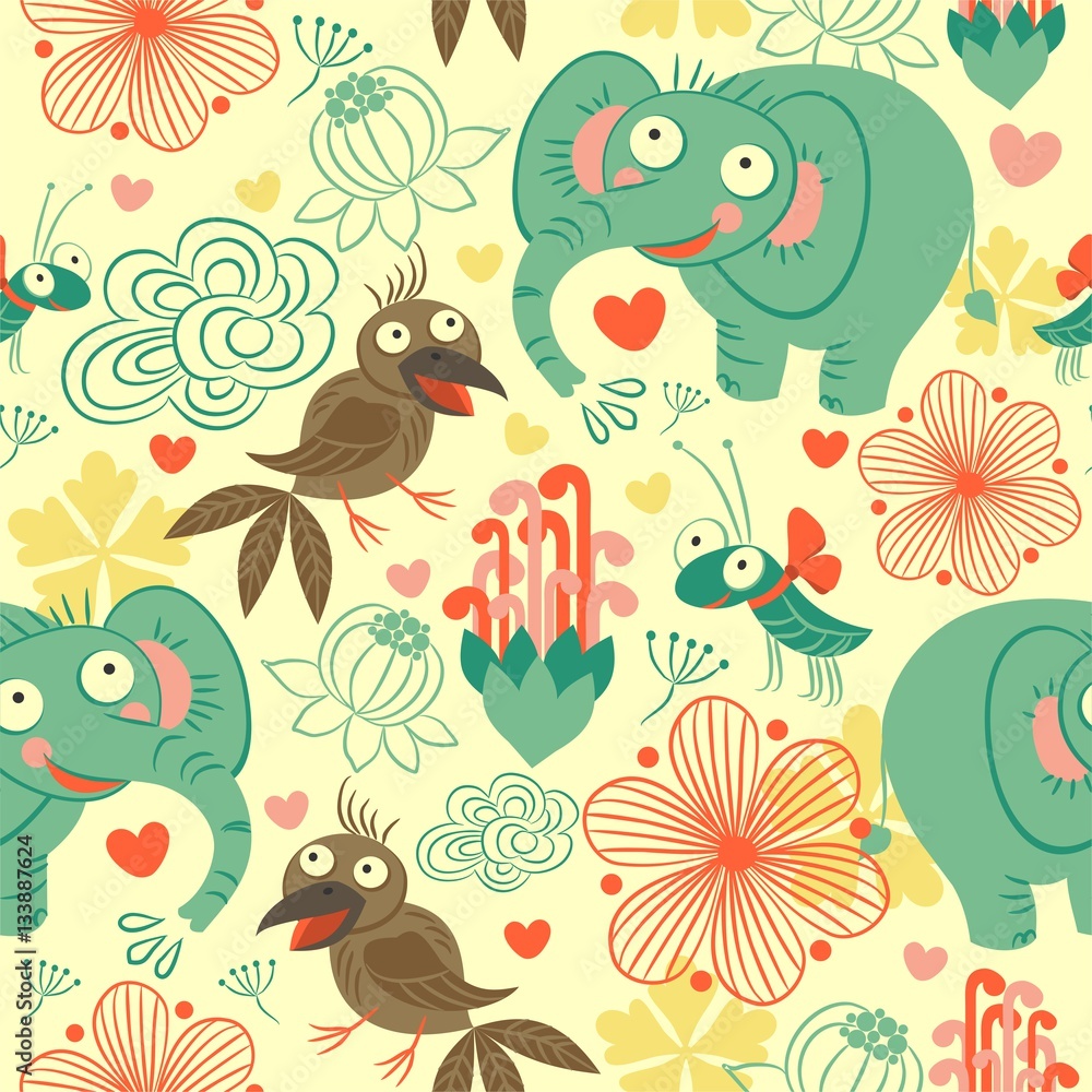 Pattern, background seamless baby elephant, crow, and beetle Pattern, background seamless baby elephant, crow, and beetle