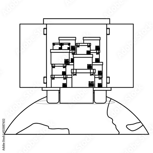 black silhouette contour transport truck with opened vagon over the planet vector illustration