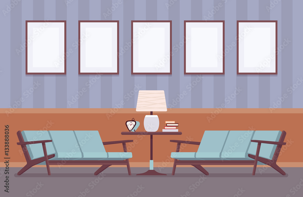 Retro interior with sofas, frames for copyspace and mockup Retro interior with sofas, frames for copyspace and mockup