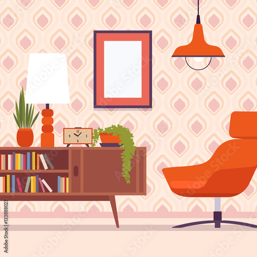 Retro interior with chair, frames for copyspace and mockup