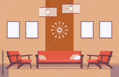Retro interior with sofa, frames for copyspace and mockup