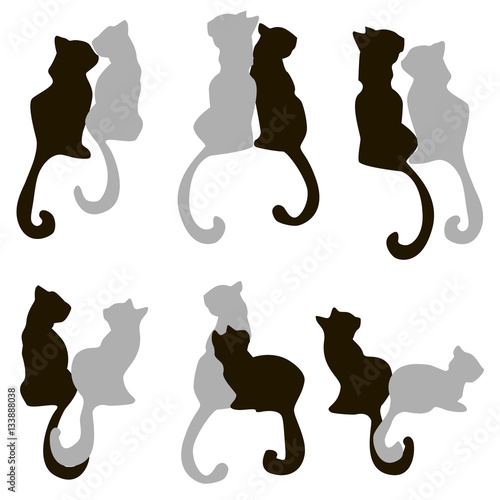 set of silhouettes of cats couples