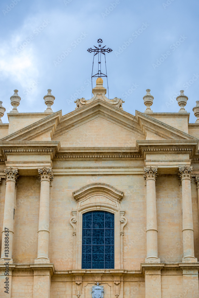 Close up on Saint Nicholas of Myra Cathedral in Noto city, Sicily in Italy