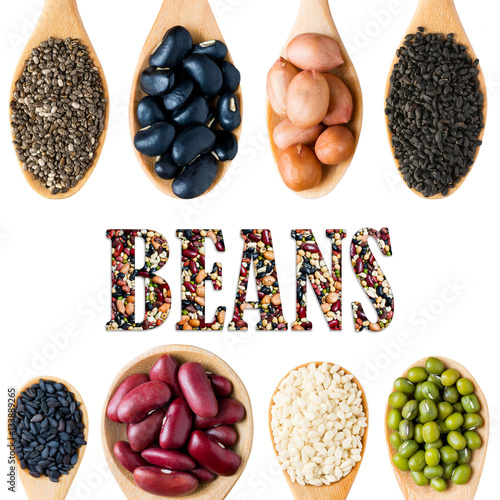 Word BEANS isolated on white background. various beans or lentil photo