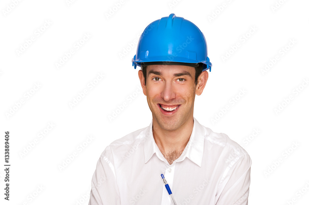 Architect man, blue helmet, isolated over white background. Architect man, blue helmet, isolated over white background.