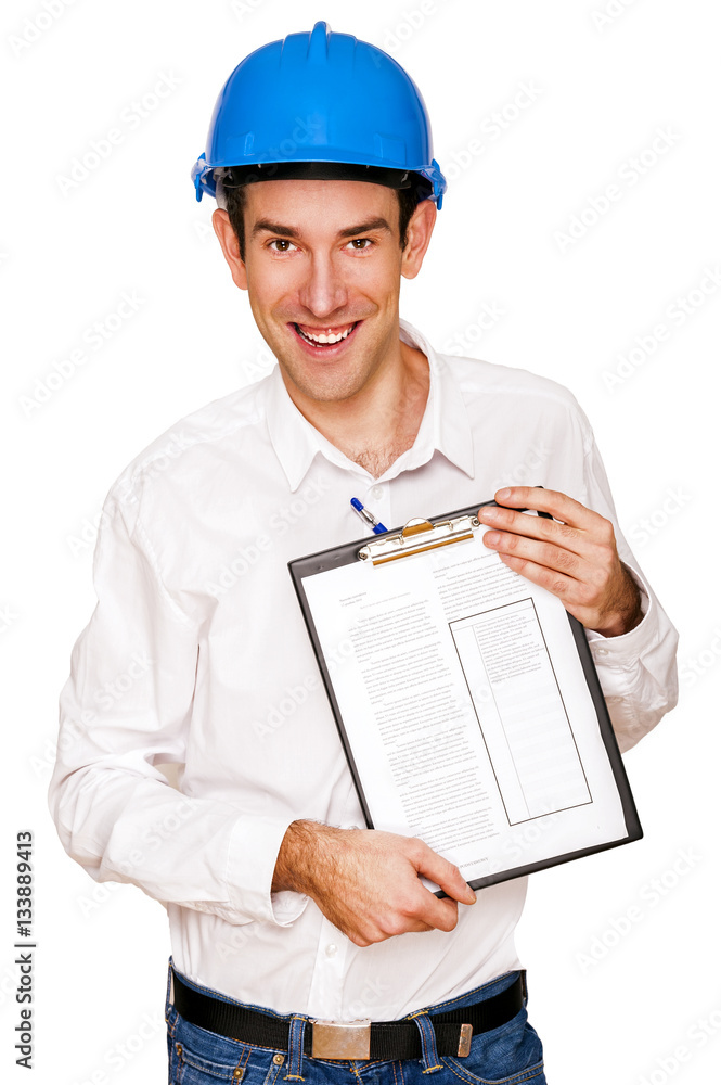Architect man, blue helmet, isolated over white background. Architect man, blue helmet, isolated over white background.