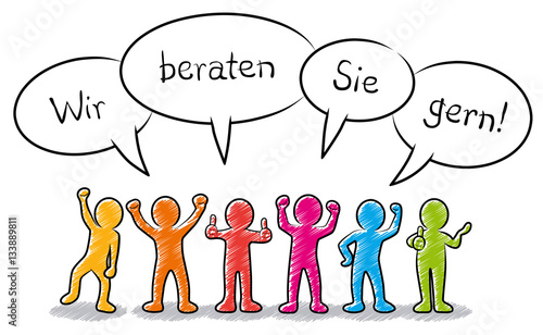 Farbig schraffierte Strichmännchen mit Sprechblase: Wir beraten Sie gern!