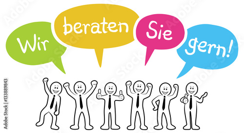 Strichmännchen mit bunten Sprechblasen: Wir beraten Sie gern!