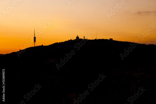 Skyline of Torre Collserola an Tibidabo church, Barcelona, Catalonia, Spain.