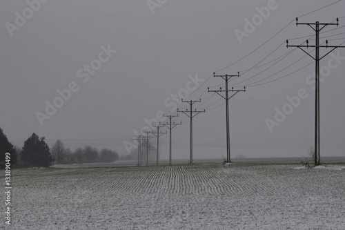 electric poles in a snow winter field . photo