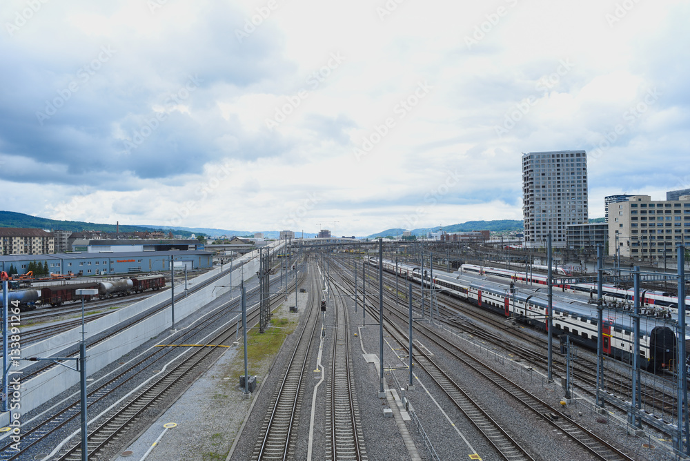 General view of the railway with trains in Zurich, Switzerland