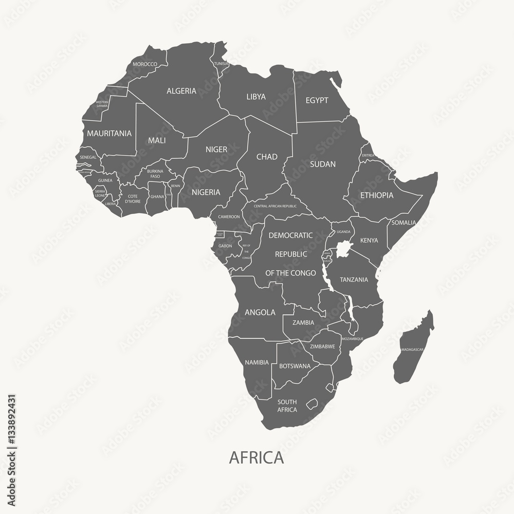 AFRICA MAP WITH NAME OF THE COUNTRIES grey color illustration vector Stock  Vector | Adobe Stock