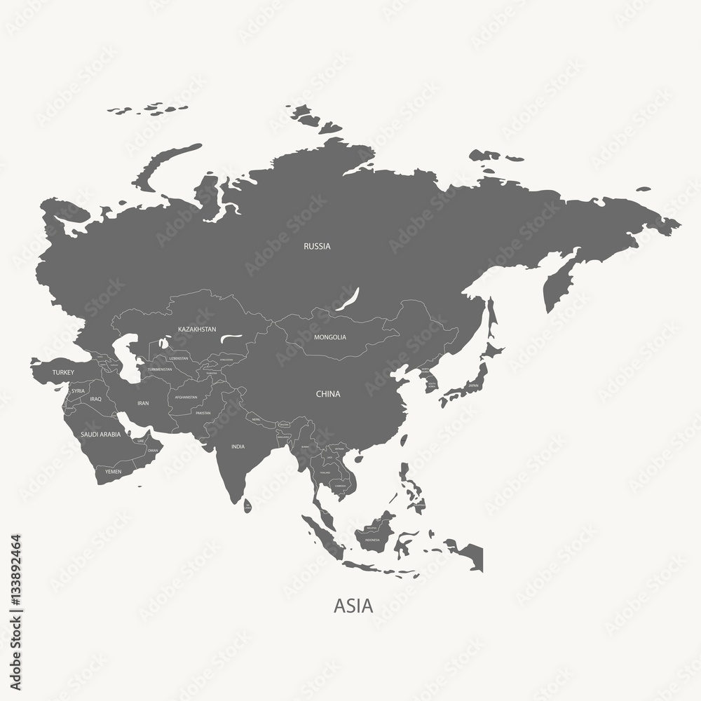 ASIA MAP WITH THE NAME OF THE COUNTRIES grey color illustration vector