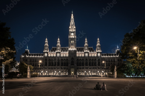 Rathaus at Vienna during the night with couple love