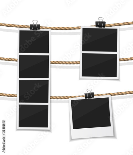 vector photobooth and  photo hanged on a rope. Instant retro photos on a thread. Remember the moment