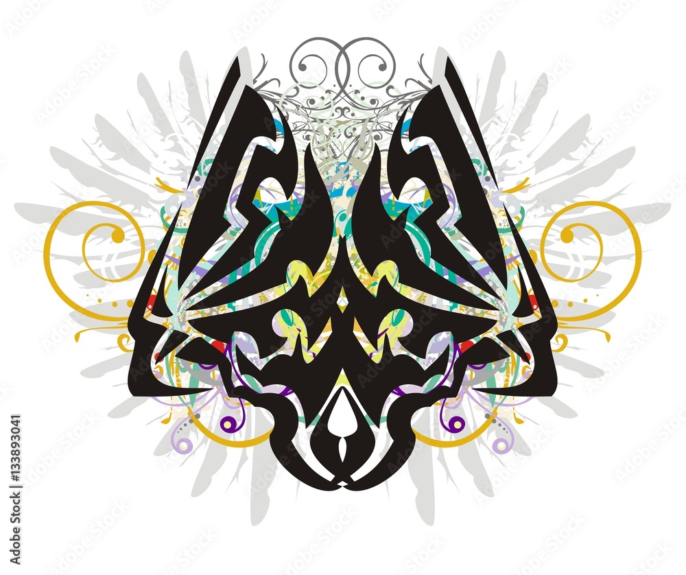 Grunge tribal double eagle symbol. Colorful splashes in a double eagle symbol with floral elements and gray feathers Grunge tribal double eagle symbol. Colorful splashes in a double eagle symbol with floral elements and gray feathers