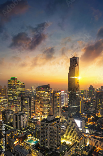Photography Bangkok city at sunset, Mahanakorn tower, Silom area, Thailand